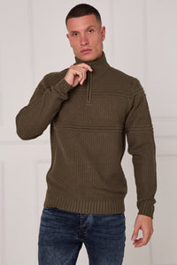 Men’s textured half zip jumper with high collar and cable knit design, made from 100% acrylic, model wearing size medium, 5ft 11in tall — Elaina Fashion streetwear collection.