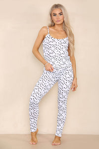 Women's White Polka Dot Strap Cami Top and Fit Long Pants Nightwear Set - 2-Piece Super Soft Sleeveless PJ's for Ladies, Bridesmaids, Brides, and Wedding Lounge Wear - Elaina Fashion
