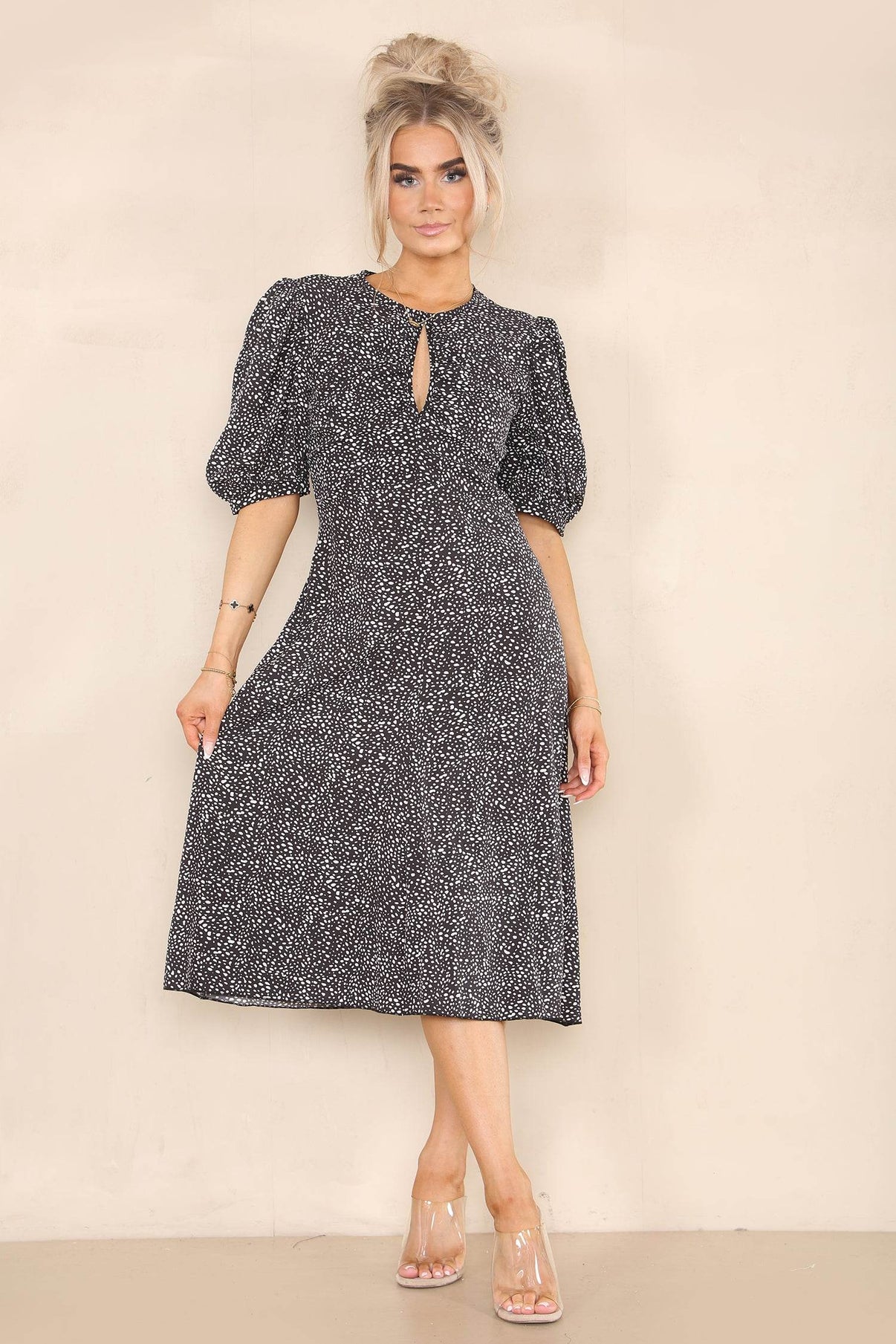 Women's Black Round Keyhole Neck Dotted Printed A-Line Midi Dress - A Casual Summer Wrap Dress with Short Maxi ½ Puff Sleeves. - Elaina Fashion