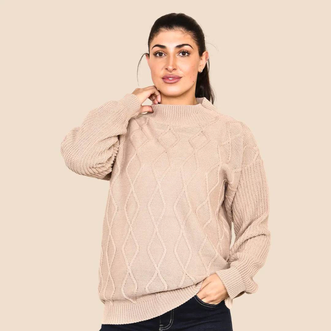Women's Round Mock Neck Soft Chunky Cable Knitted Jumper with Warm Long Sleeve- Ladies Winter Casual Stretch Pullover Sweater Top for Office Work - Elaina Fashion
