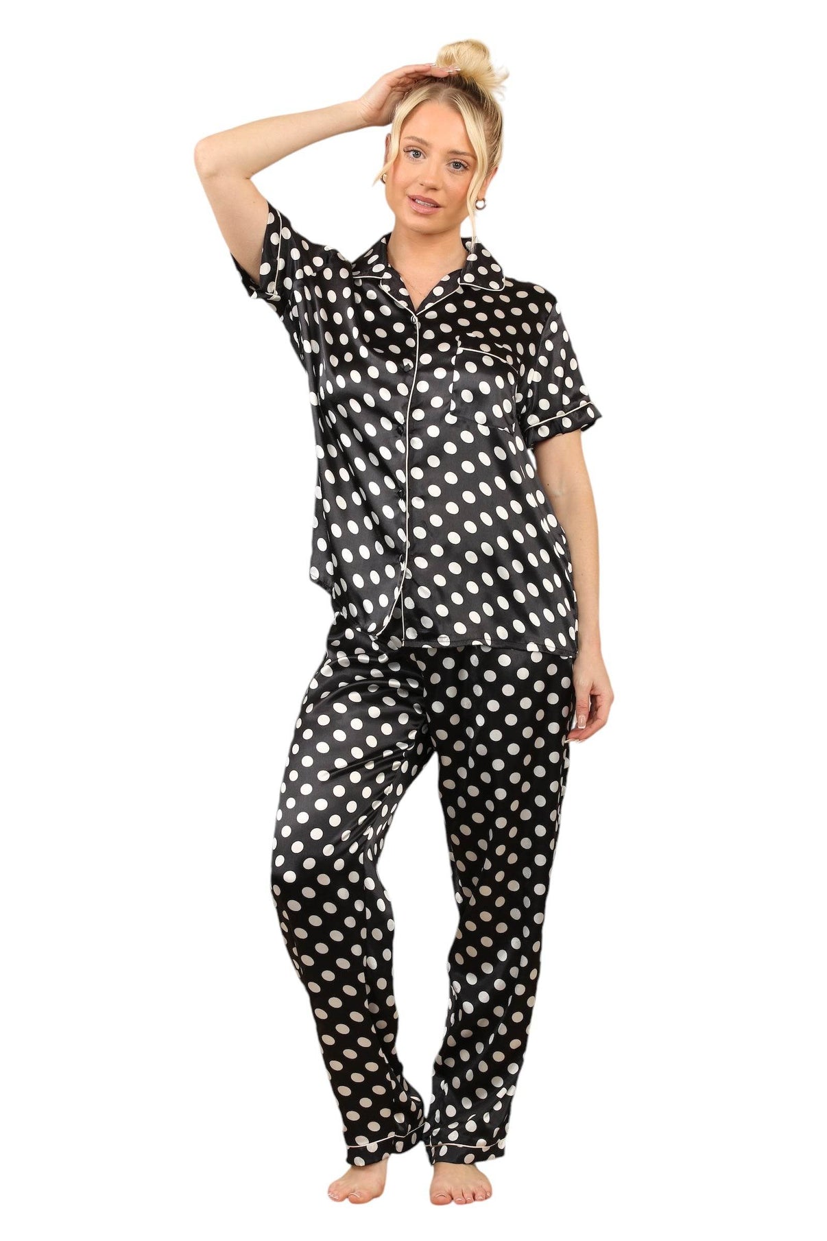 Stylish Black & White Polka Dot Satin Pyjama Set for Women - Elaina Fashion