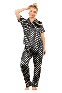 Stylish Black & White Polka Dot Satin Pyjama Set for Women - Elaina Fashion