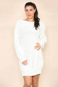 Elaina Fashion Women's White Multi colour dots Boat Neck Soft Drop Shoulder with Long Sleeve Knit Mini Loose Fit Ribbed Pullover Jumper Sweater - Chunky Warm Short Dress - Elaina Fashion