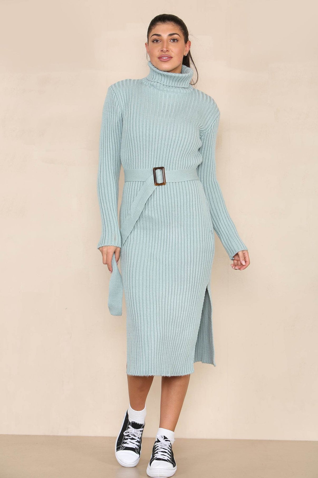 Women's Sage Soft Warm Knitted Polo High Roll Neck Slim Fit Long Sleeve Midi Jumper Dress with Side Slits and Belt Ladies Sweater - Elaina Fashion