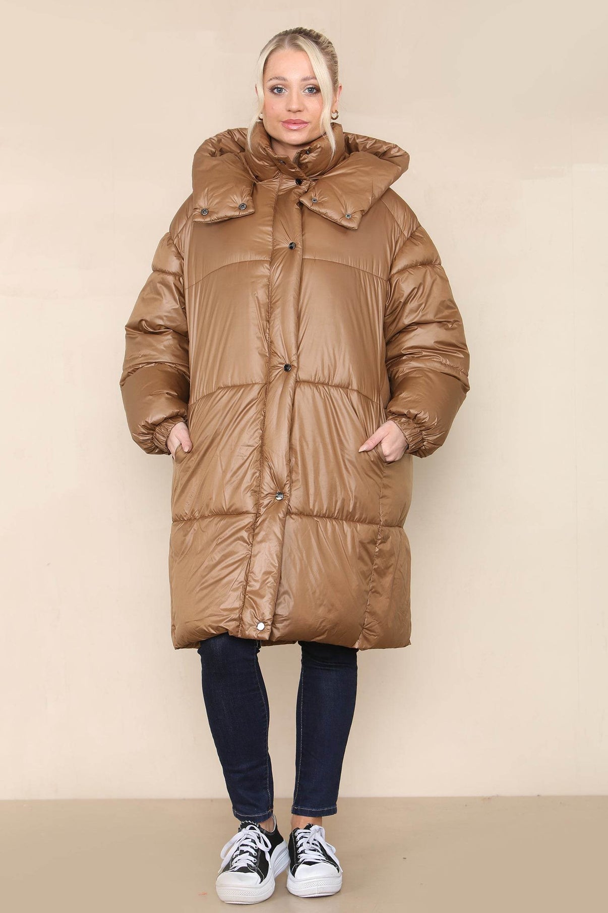 Women's Chocolate Longline Maxi Quilted Padded Coat - Ladies Comfort Warm Puffer Winter Down Jacket with Pockets, Long Sleeve with Full Zip Oversized Winter Gilet Bodywarmer Outwear - Elaina Fashion