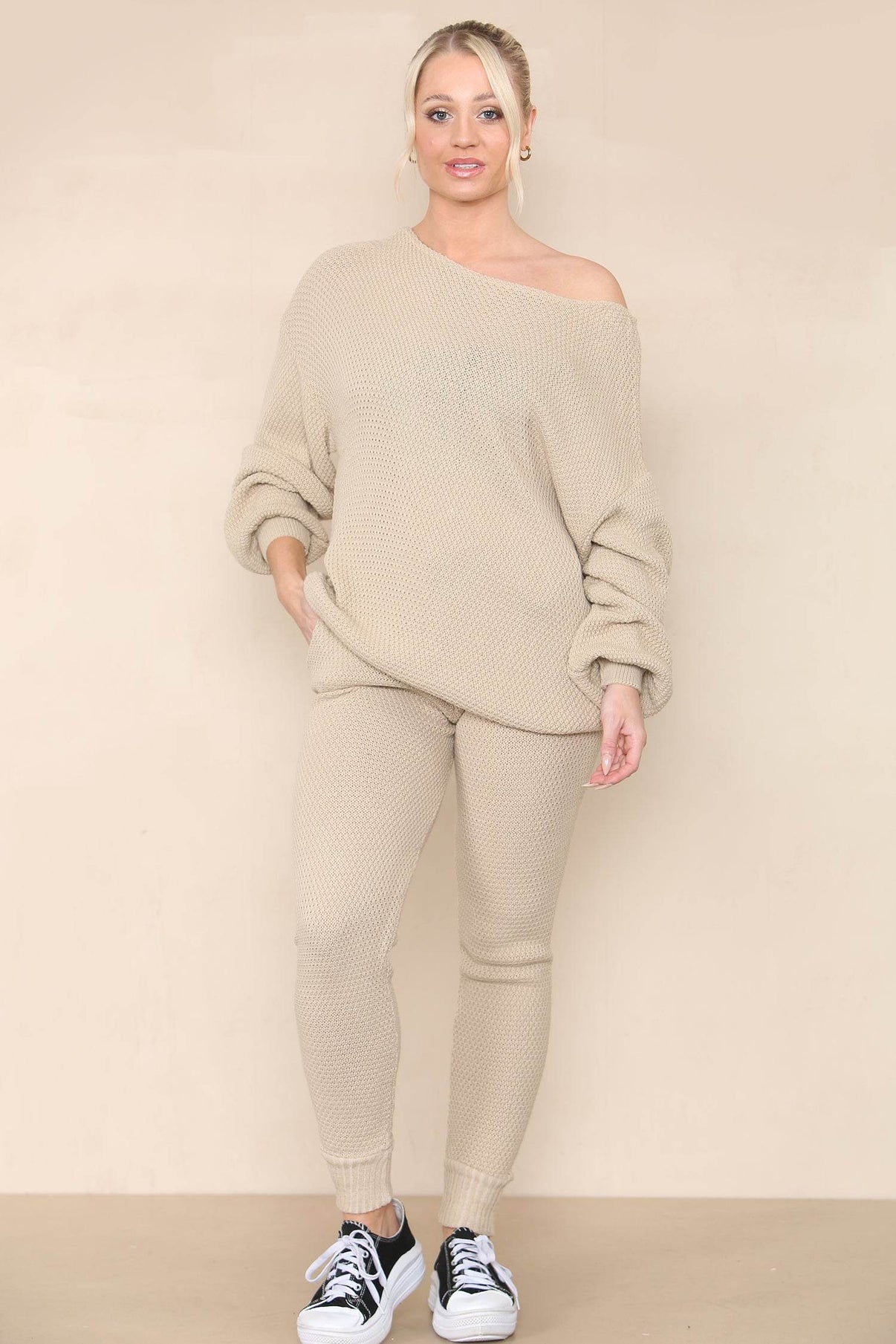 Women Ecru Winter Warm Knitted Co-Ord Solid Two Piece Loungewear Outfits Set - Long Sleeve Top and Slim Fit Legging Pants Matching Sweater Set - Elaina Fashion