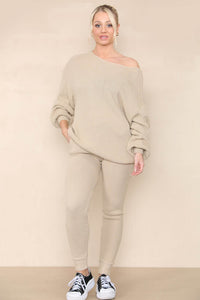 Women Ecru Winter Warm Knitted Co-Ord Solid Two Piece Loungewear Outfits Set - Long Sleeve Top and Slim Fit Legging Pants Matching Sweater Set - Elaina Fashion