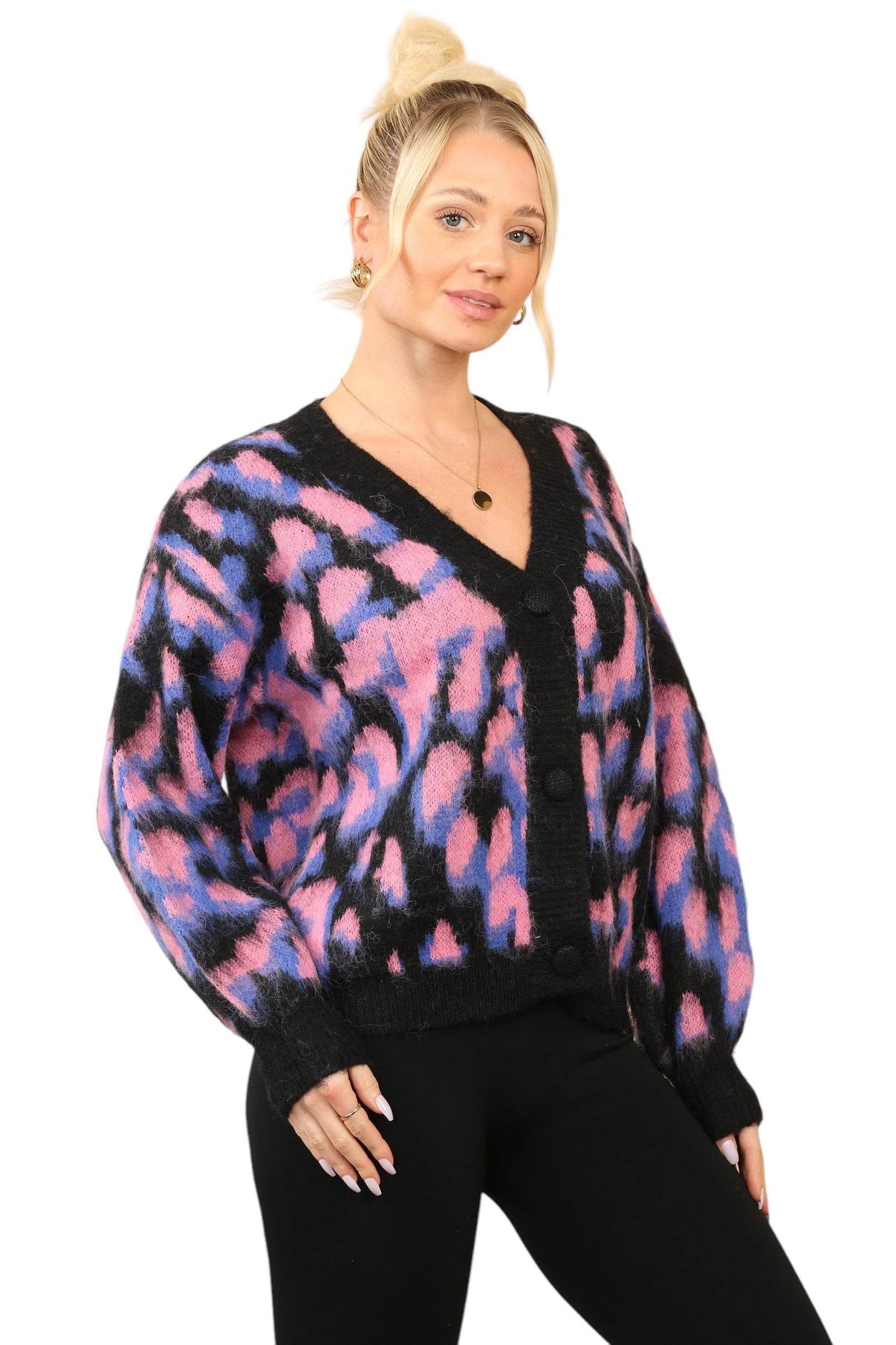 Women’s Multi-Contrast Print Cardigan – Pink, Purple & Black, One Size (UK 8-14) - Elaina Fashion
