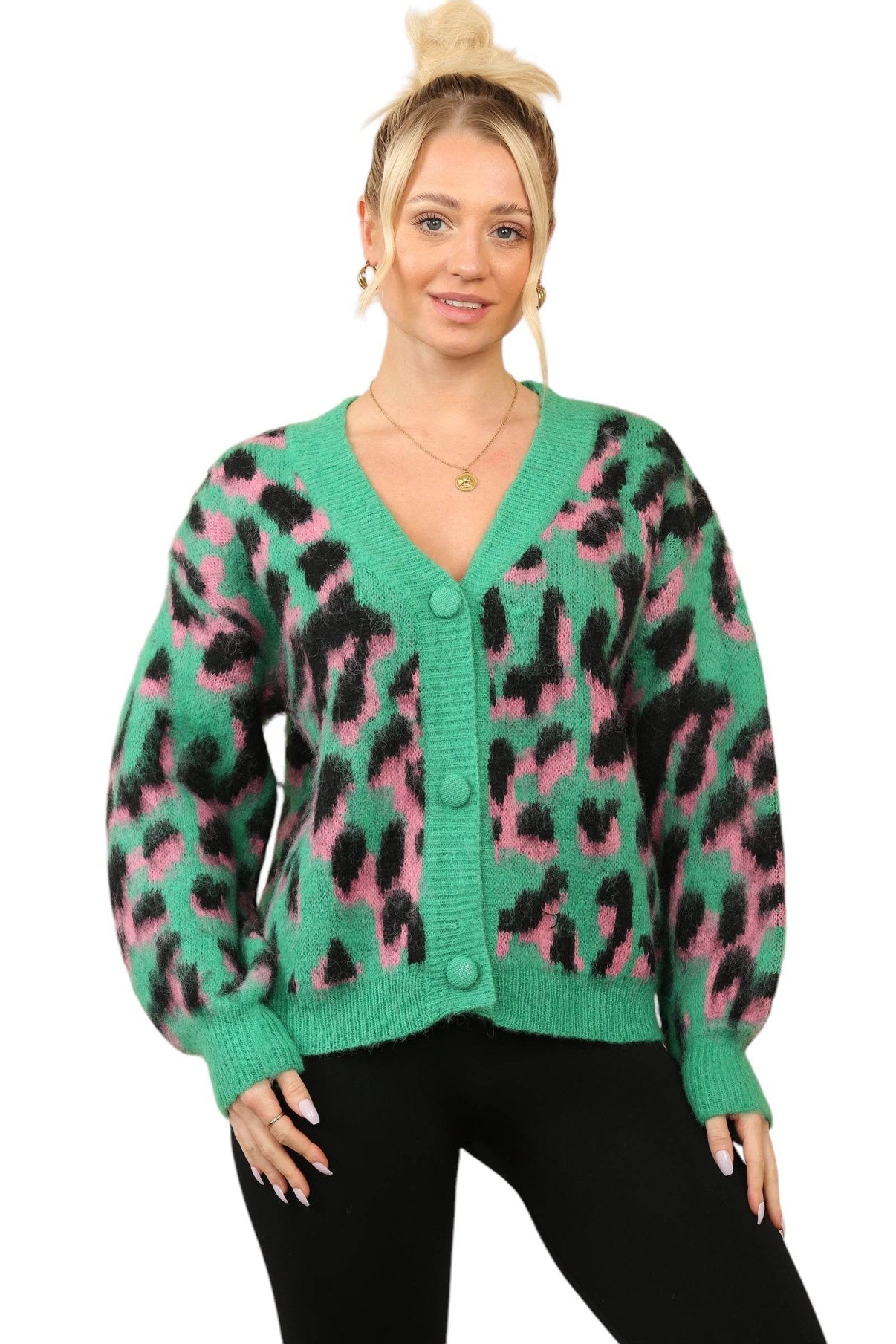 Women’s Multi-Contrast Print Cardigan – Green, Pink & Black, One Size (UK 8-14) - Elaina Fashion