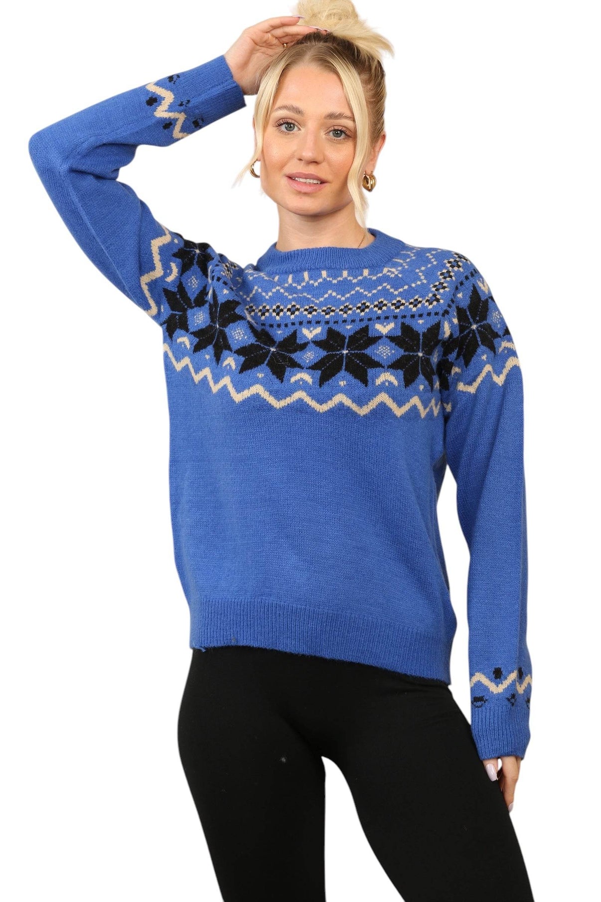 Women’s Cosy Nordic Fair Isle Blue Jumper - Elaina Fashion