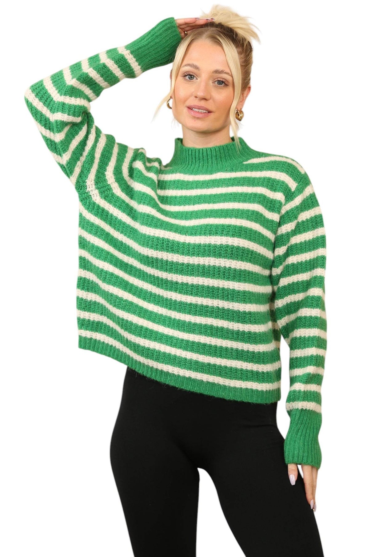 Cosy Striped Jumper with Mock Neck – Soft Acrylic Knit G/W - Elaina Fashion