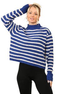 Cosy Striped Jumper with Mock Neck – Soft Acrylic Knit B/W - Elaina Fashion