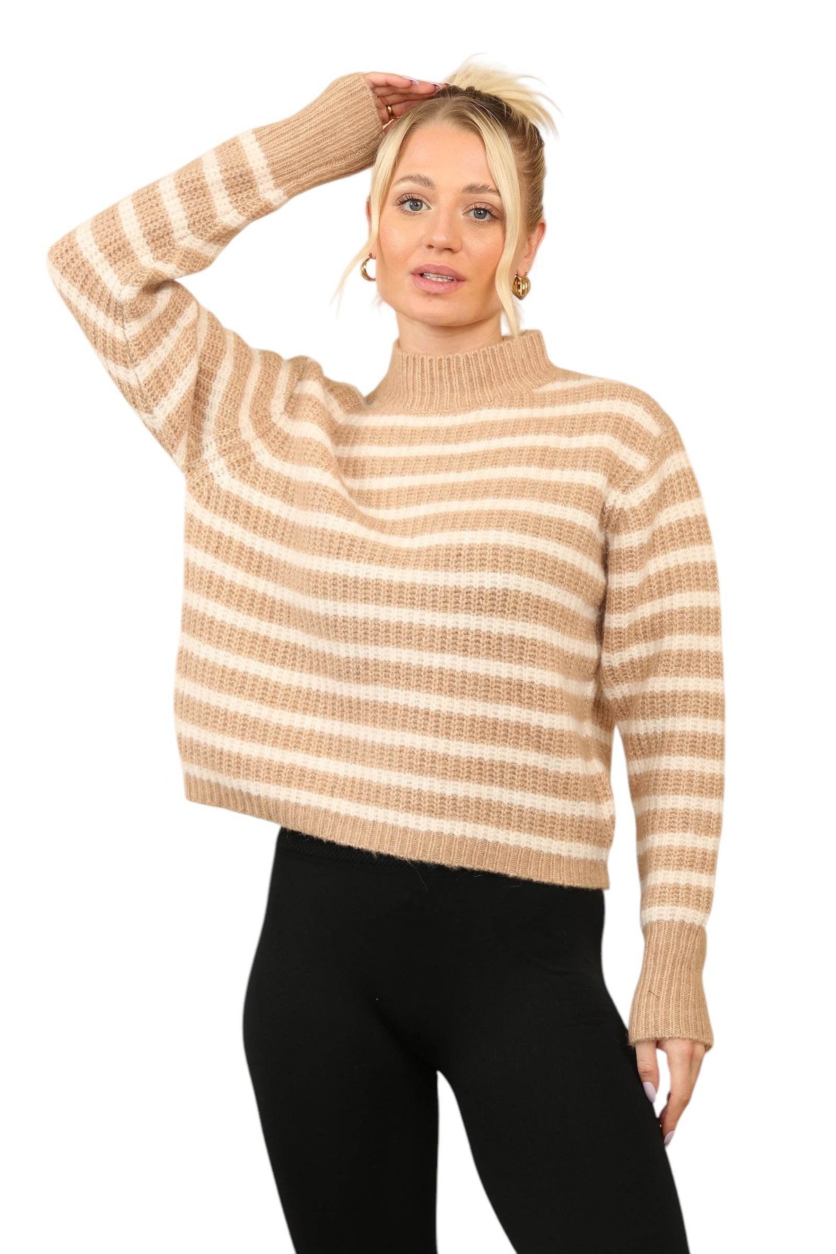 Cosy Striped Jumper with Mock Neck – Soft Acrylic Knit - Elaina Fashion