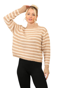 Cosy Striped Jumper with Mock Neck – Soft Acrylic Knit - Elaina Fashion