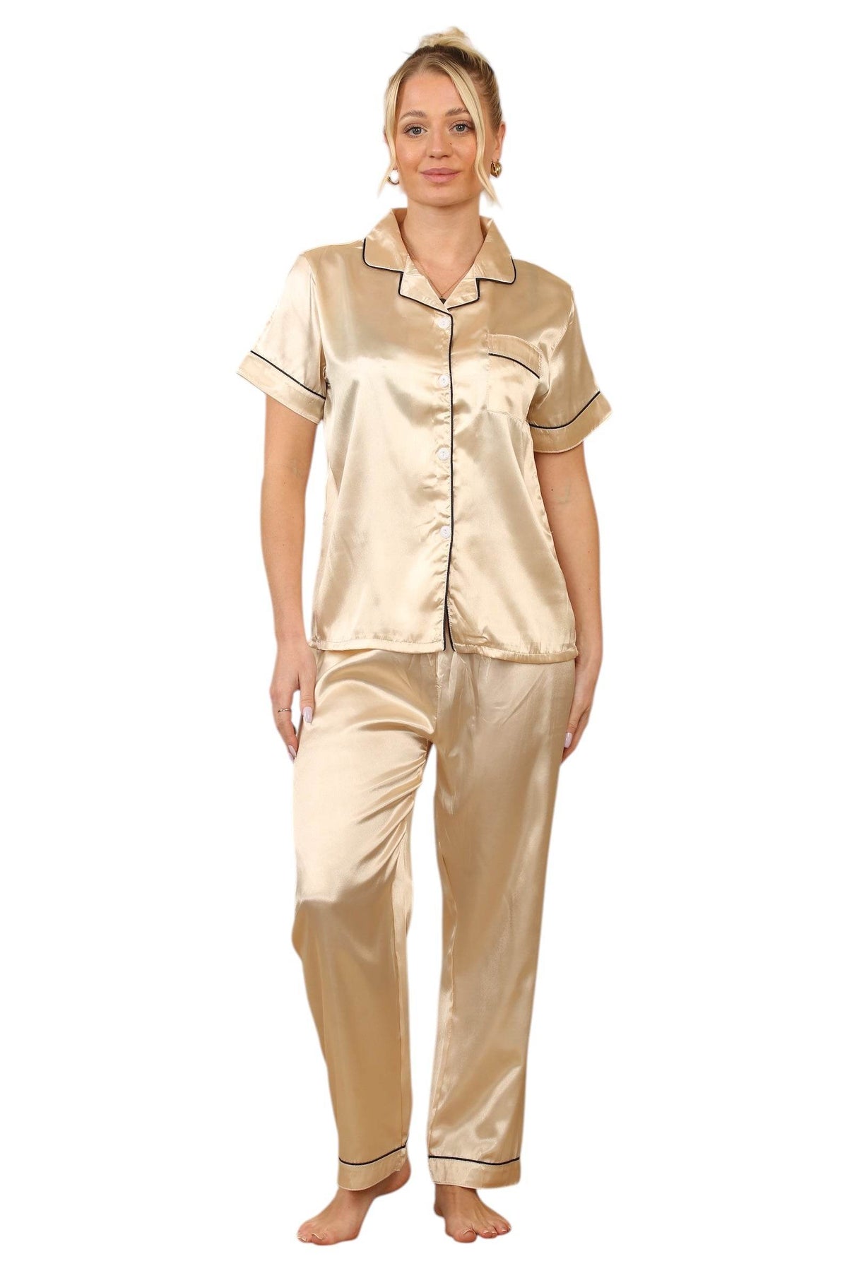 Gold Satin Pyjama Set – Elegant & Comfortable Sleepwear for Women - Elaina Fashion
