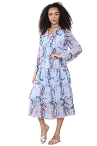 Women's Baby Blue V Neck Leaf Floral Ruffle Pleated Layered Swing Party Long Maxi Dress – Casual Smocked Cocktail Flowy Summer Beach Sundress Party Streetwear Dress - Elaina Fashion