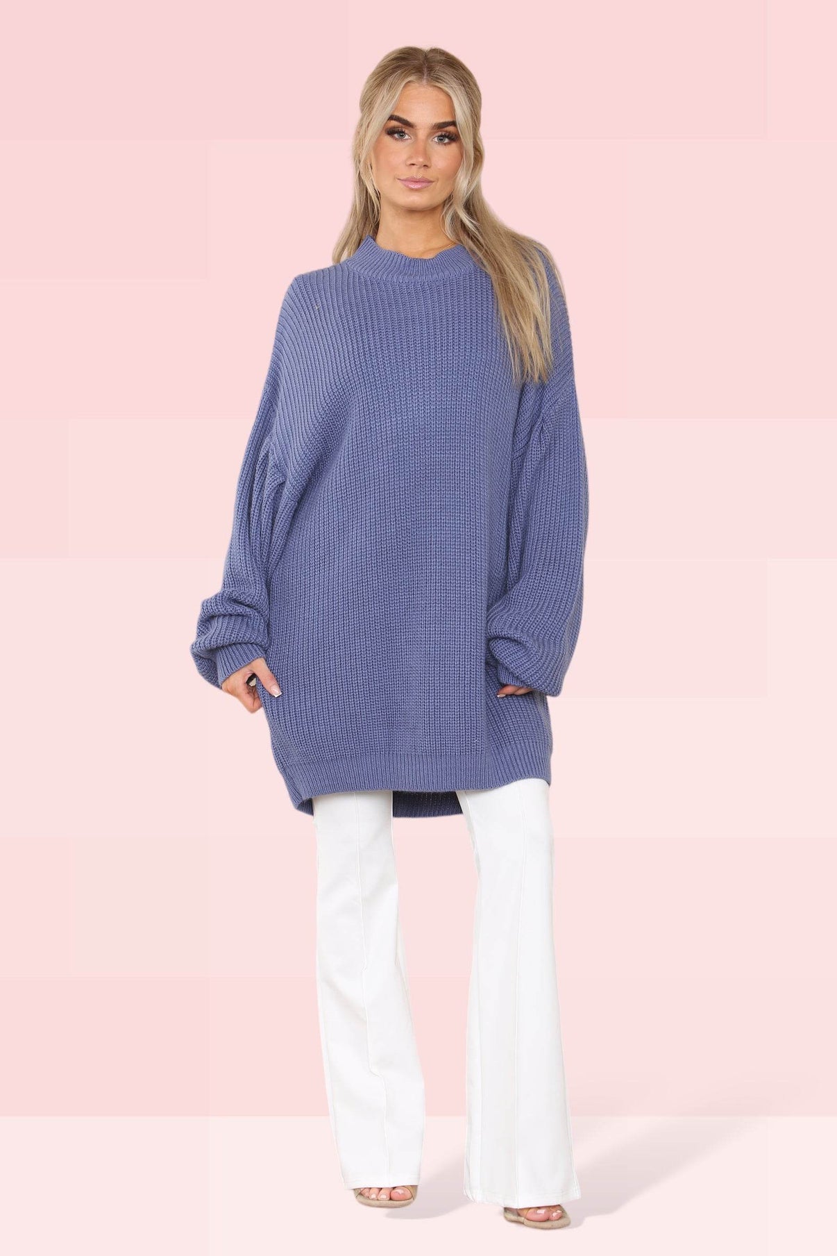 Elaina Fashion Women Blue Crew Neck Plain Knitted Loose Baggy Jumper Warm Long Sleeve- Ladies Casual Winter Stretch Knit Oversized Wool Pullover Cardigon Top Dress ONE SIZE - Elaina Fashion