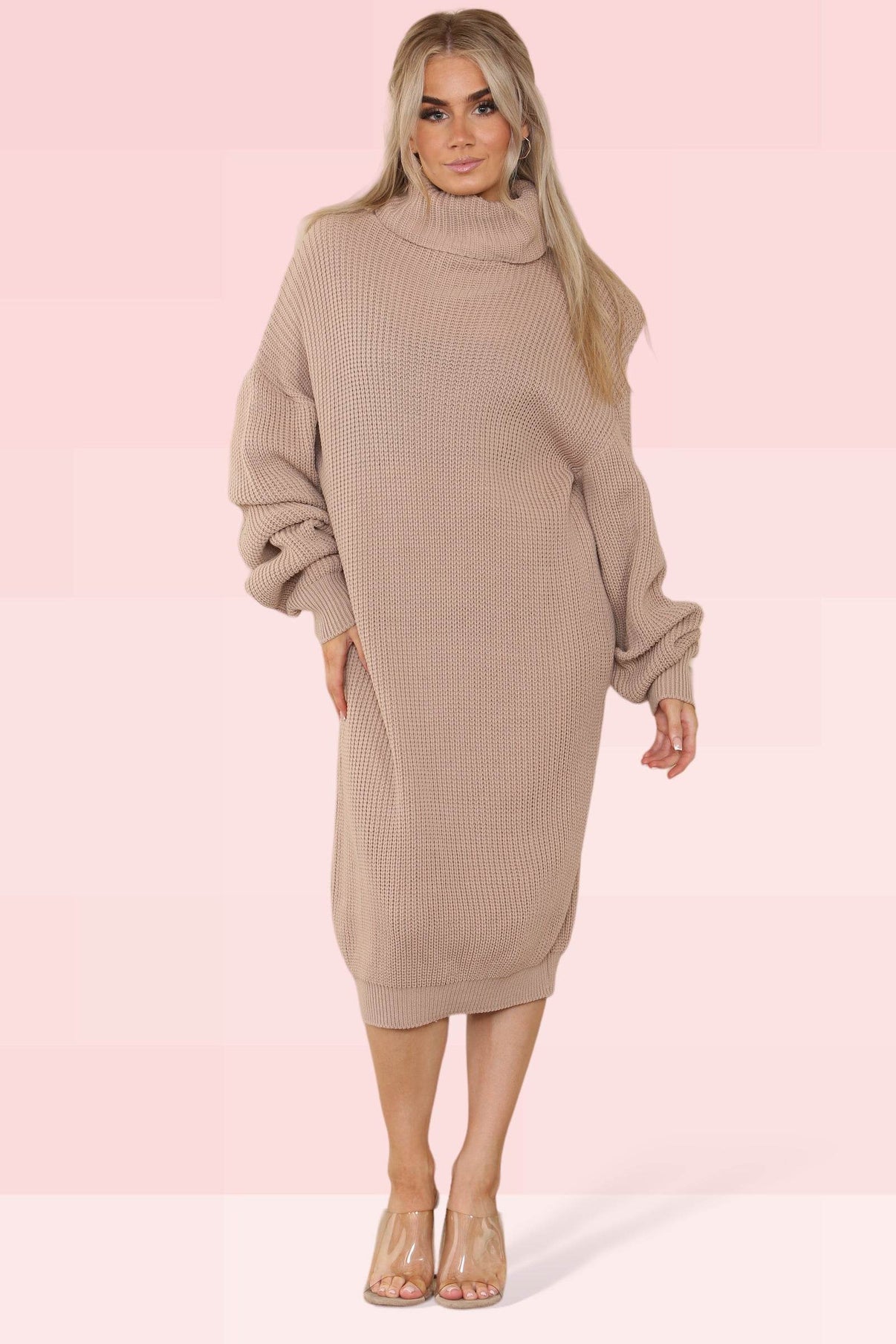 Elaina Fashion Women's Midi Dress-Chunky Knitted High Polar Roll Neck Long Balloon Sleeve Loose Baggy Oversized Winter Warm Jumper Pullover Dress - Elaina Fashion