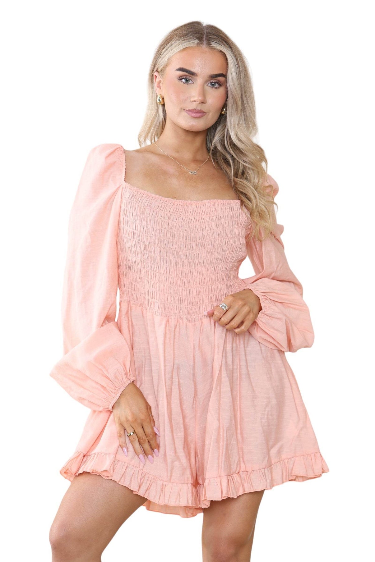 Elaina Fashion Women's Orange Square Neck Mini Swing Jumpsuit Playsuit - Casual Cute Ruffled Hem Long Puff Sleeve Summer Beach Romper Holiday - Elaina Fashion