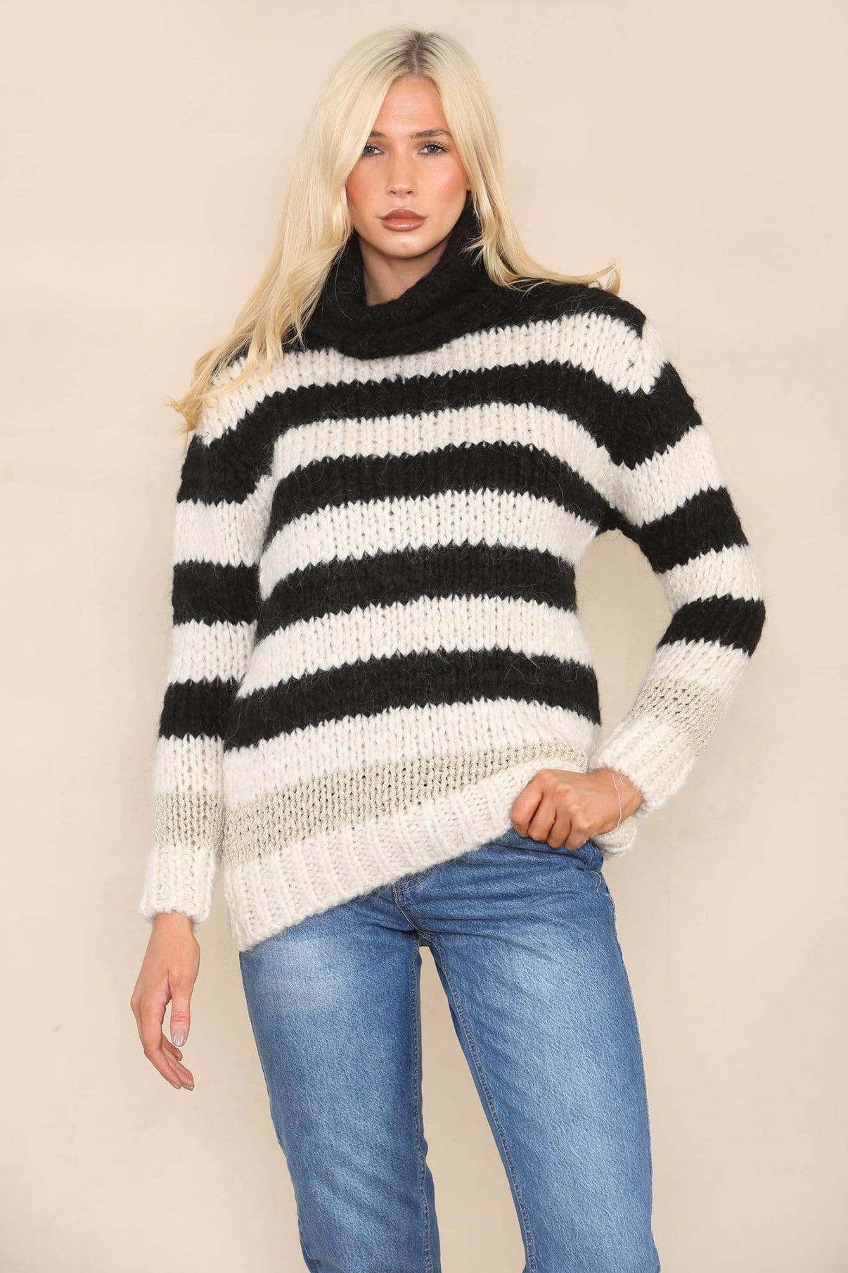 Women's Black & Cream Striped Roll Up Neck Jumper Sweater Top- Solid Soft Knit Fluffy Long Sleeve Warm Pullover for Winter - Elaina Fashion