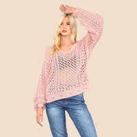 Women's Pink Open Crochet Hole Knit Jumper with Long Sleeve Cut-Out Design Blouse- Loose and Stylish Sweater Warm Top - Elaina Fashion