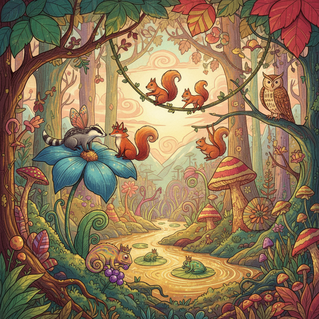 Vibrant illustration of diverse plants and animals in a sun-dappled forest clearing.