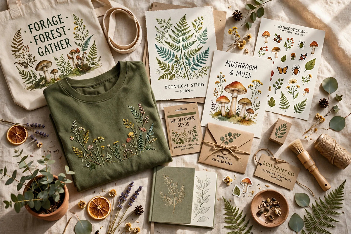 Flat lay of art prints and apparel with nature designs, showcasing vibrant colors and earthy tones.