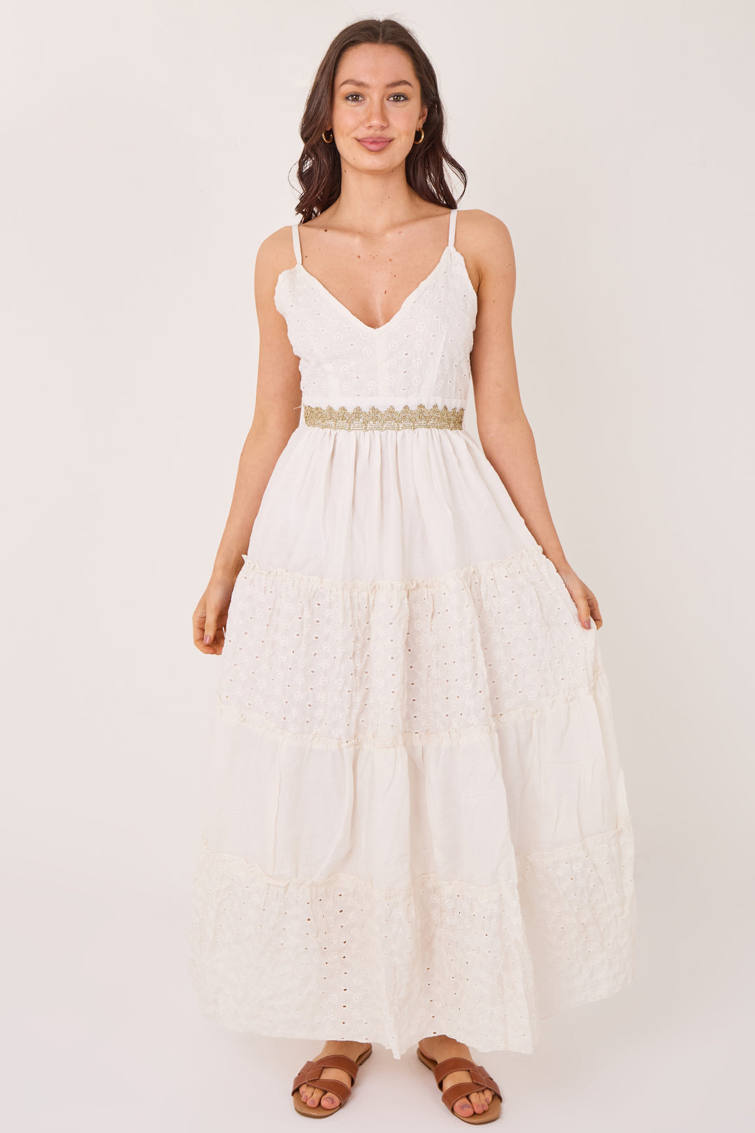 Women’s off white cotton boho maxi dress with adjustable shoulder straps, elasticated back and tiered broderie skirt – Elaina Fashion summer maxi dress front view