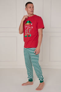 Man wearing a red t-shirt with a Christmas design and green and white striped pants on a white background