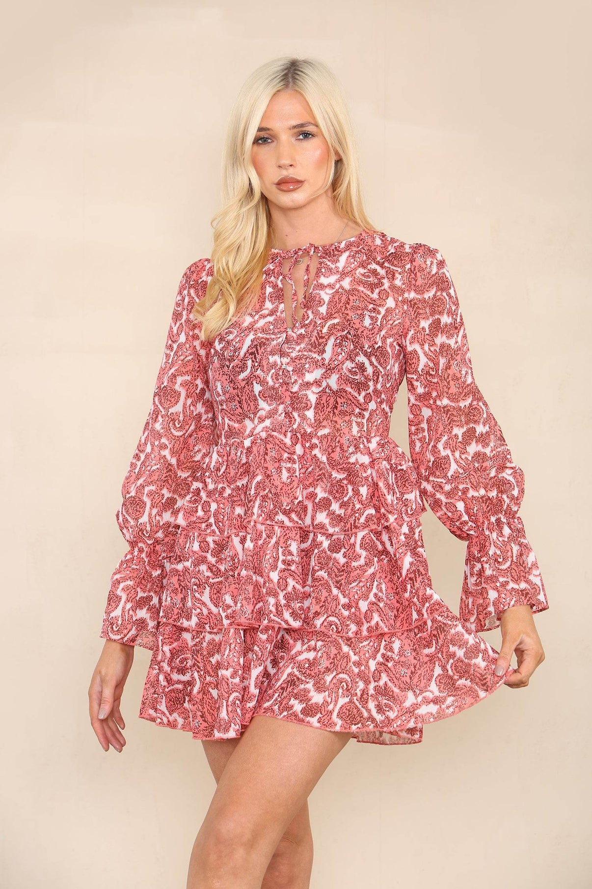 Women's Coral Red Floral Print Layered Ruffle Hem Flowy Mini Dress - Long Sleeve Beach Smoke Dress with Front Tie Knot Design, Perfect for Casual Party Wear - Elaina Fashion