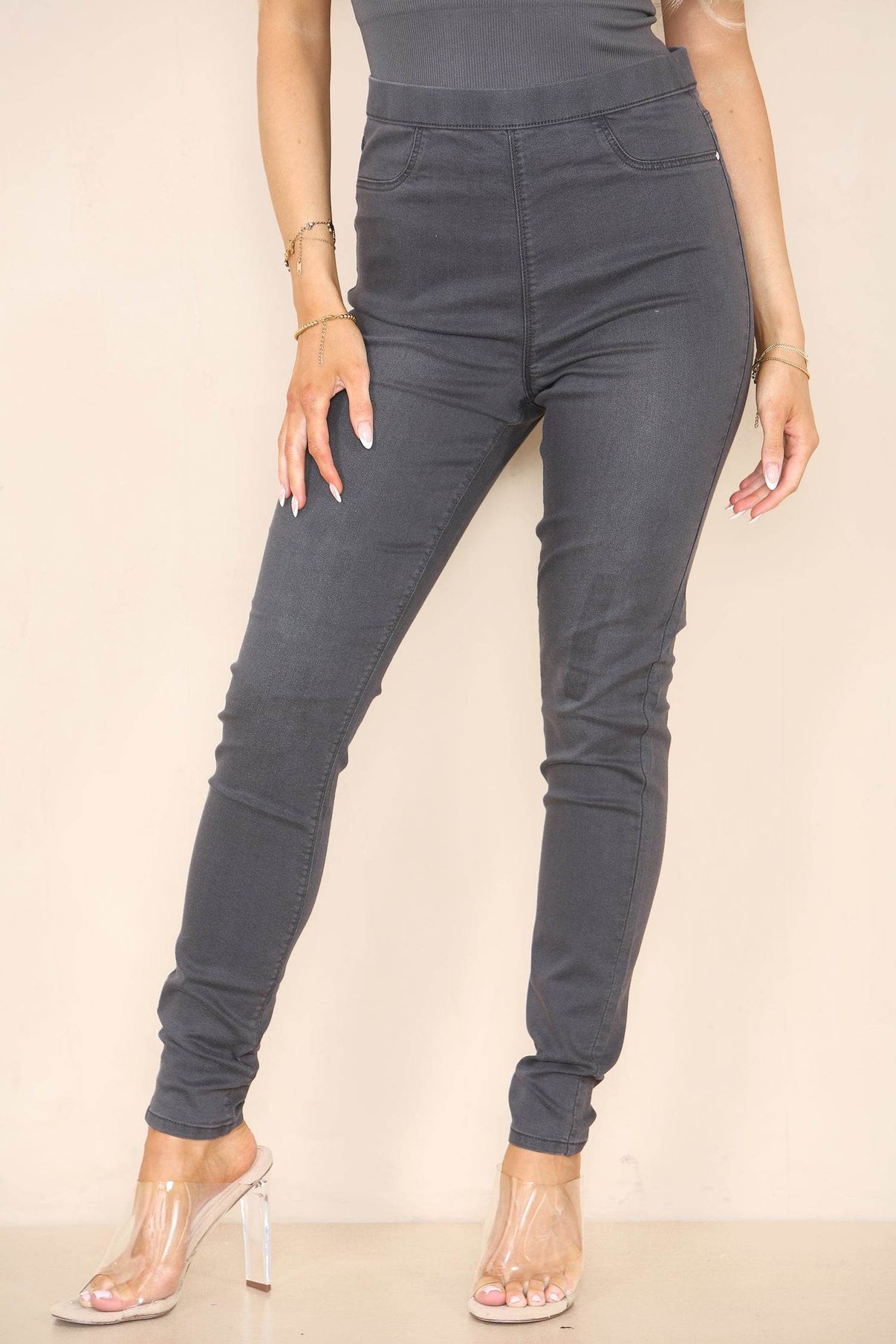 Elaina Fashion Women's Grey High Waisted Skinny Fit Stretch Jeans Jeggings Smart Casual Elasticated Waist Summer Trouser Pant Daily Outwear Outing Botttom - Elaina Fashion