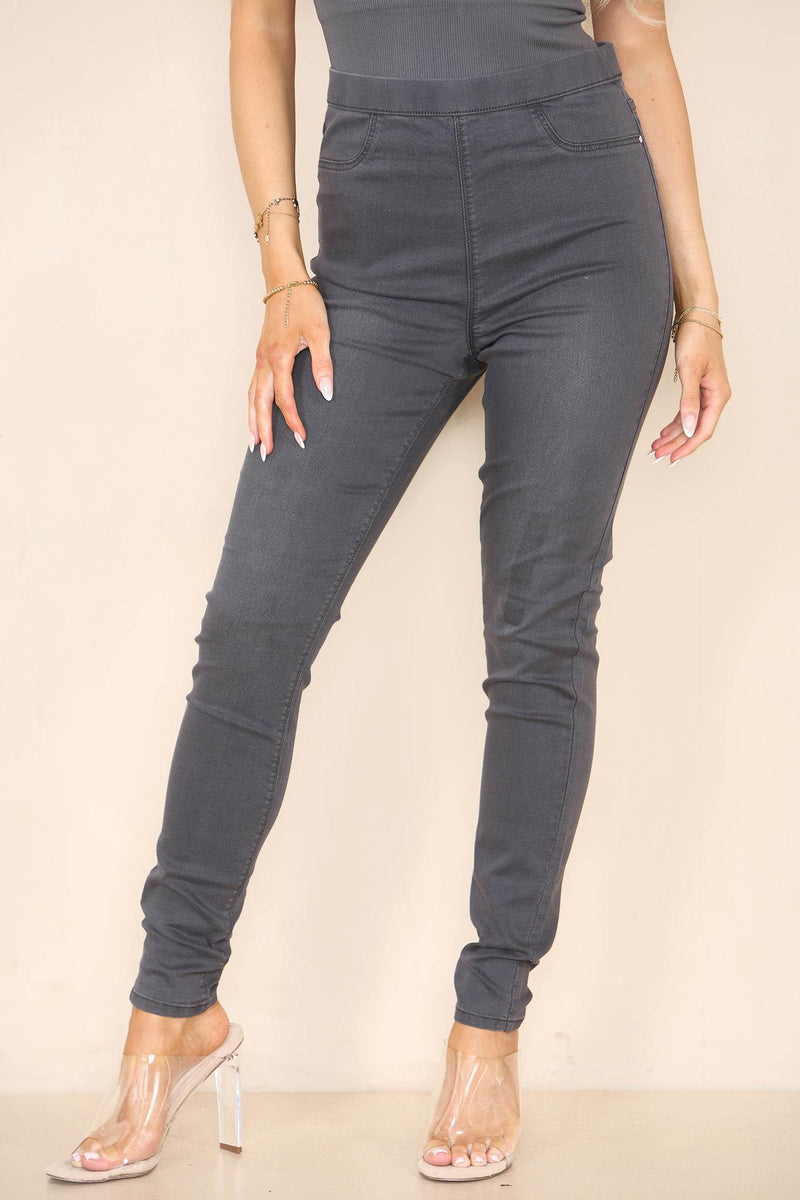 Elaina Fashion Women's Grey High Waisted Skinny Fit Stretch Jeans Jeggings Smart Casual Elasticated Waist Summer Trouser Pant Daily Outwear Outing Botttom - Elaina Fashion