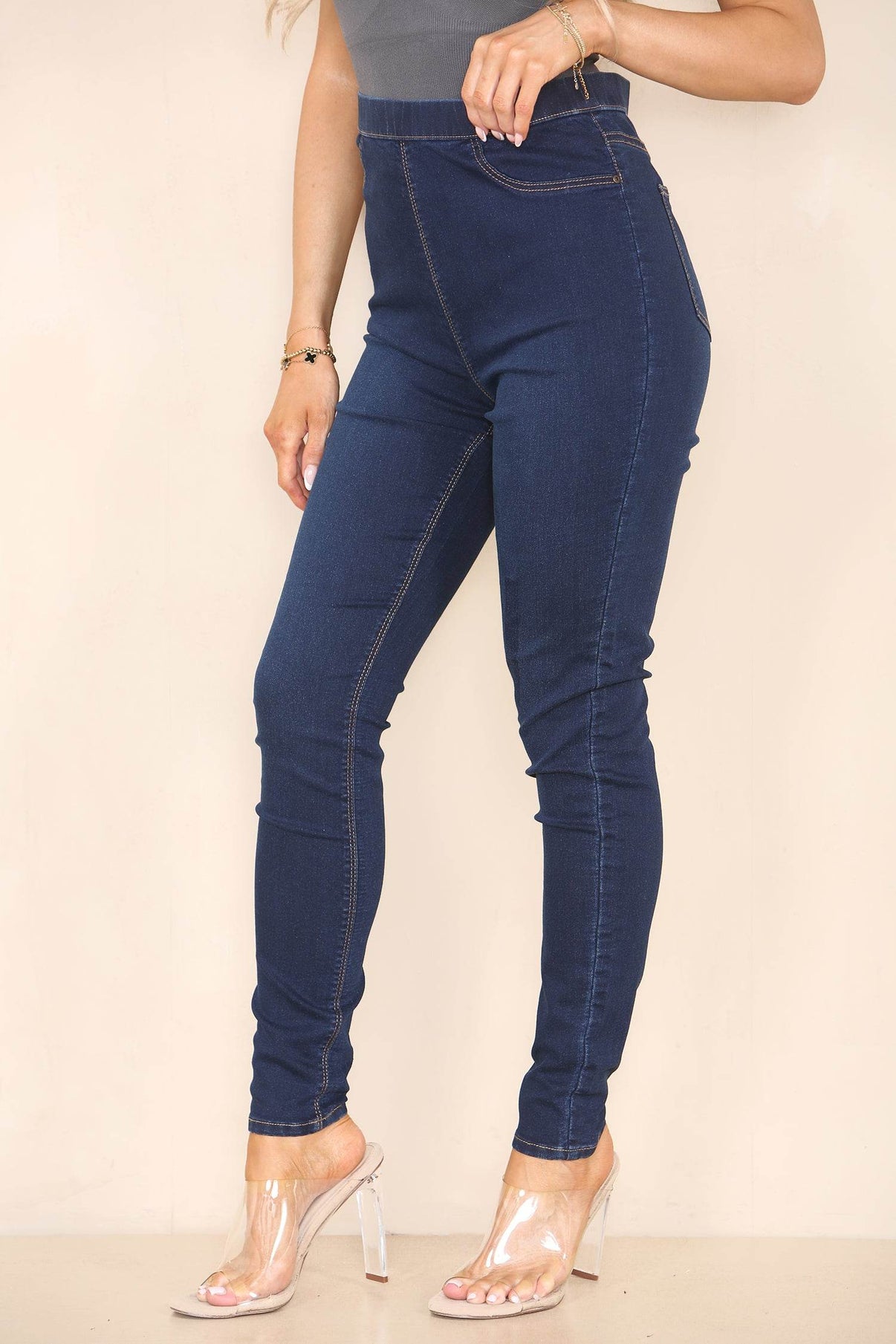 Women's Dark Blue High Waisted Skinny Fit Stretch Jeans Jeggings with Elasticated Waist - Smart Casual Summer Fashion Trousers - Elaina Fashion