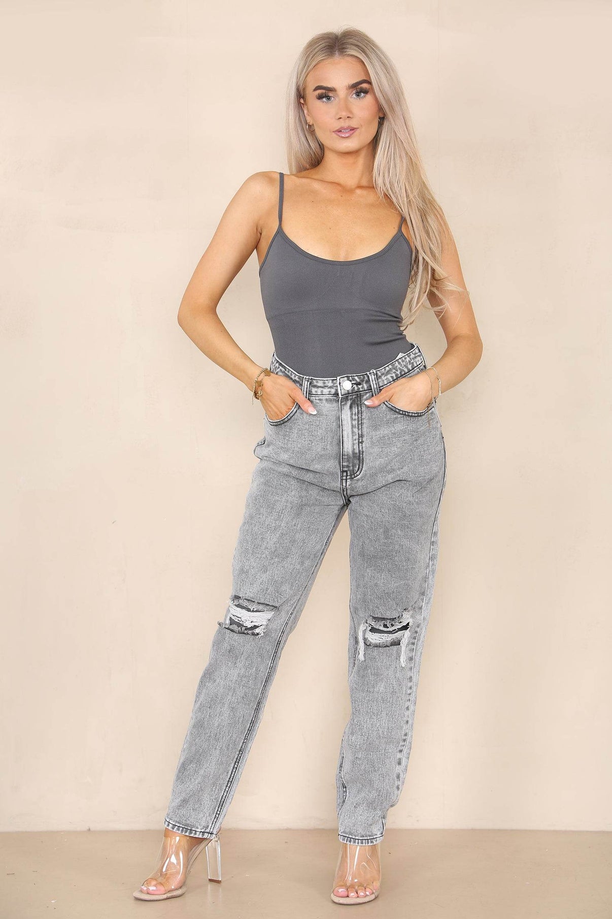 Women's High Waisted Knee Ripped Frayed Straight Leg Jeans, Mom Casual Roll-Up Denim Pants for Streetwear Home Office Work Party Bottom - Elaina Fashion