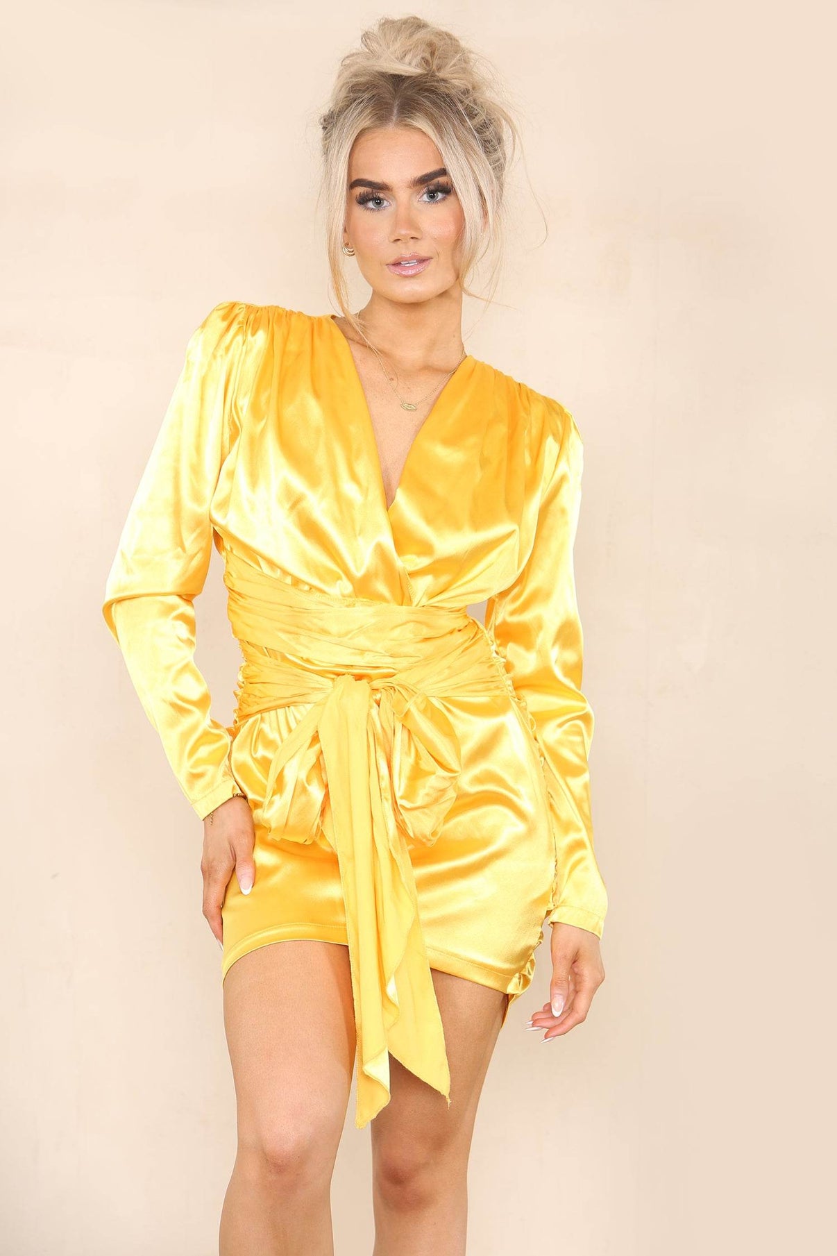 Elaina Fashion Women's V-Neck Yellow Satin Ruched Drape Long Sleeve Mini Dress - Elegant Sexy Curvy Slim Fit Bodycon Wrap Dress for Party Cocktail Club Wedding Guest - Elaina Fashion