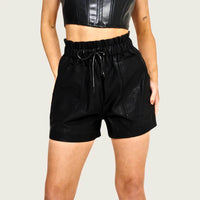 Women's Black PU Faux Leather Shorts Sexy High Waist Drawstring Tie Up Belted Pockets Mini Loose Wide Short Summer Lightweight Club Party - Elaina Fashion