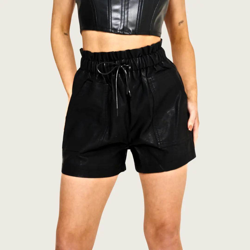 Women's Black PU Faux Leather Shorts Sexy High Waist Drawstring Tie Up Belted Pockets Mini Loose Wide Short Summer Lightweight Club Party - Elaina Fashion
