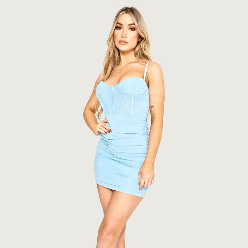 Women's Elegant Baby Blue Mesh Ruched Bodycon Strappy Dress - Sleeveless Sexy Club Party Summer Short Dress - Elaina Fashion