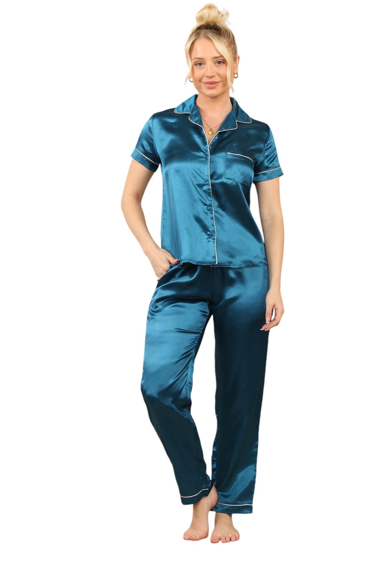 Luxurious Royal Blue Satin Pyjama Set for Women - Elaina Fashion
