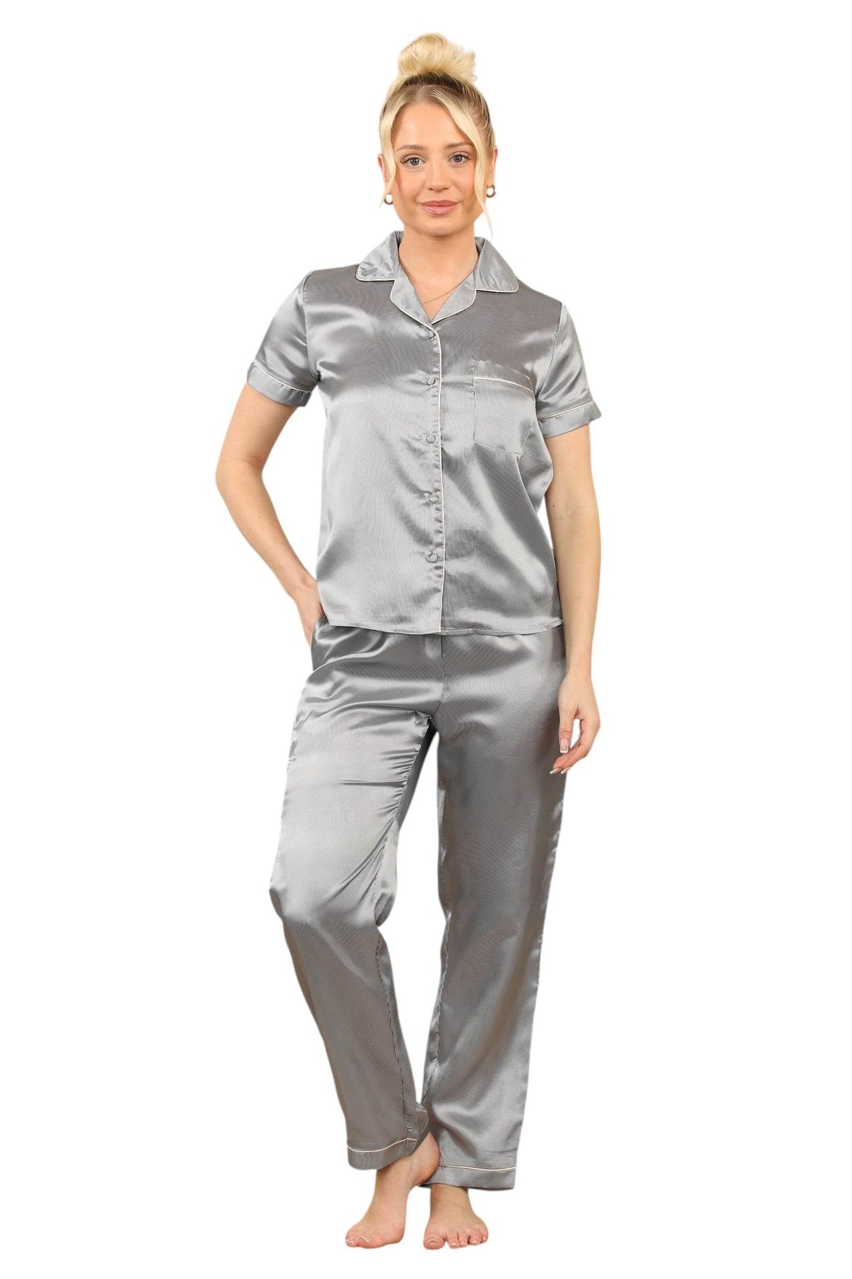 Luxurious Silver Stripe Satin Sleepwear, pj's, Lounge wear. - Elaina Fashion