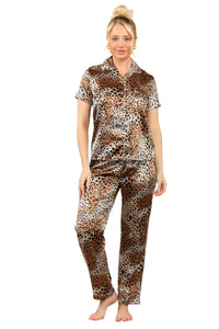 Leopard Satin Print Pyjama Set – Stylish & Comfortable Animal Print Sleepwear for Women - Elaina Fashion