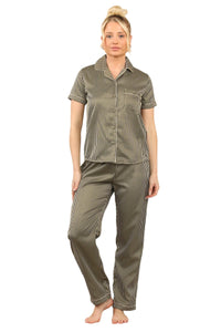 Khaki with Black Stripe Satin Pyjama Set – Chic & Comfortable Striped Loungewear for Women - Elaina Fashion