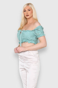 Women's Sage Sexy On-Off Shoulder Floral Eyelet Embroidery Broderie Cotton Crop Top - Front Knot Tie with Short Sleeve Summer Cami Blouse Shirt - Elaina Fashion