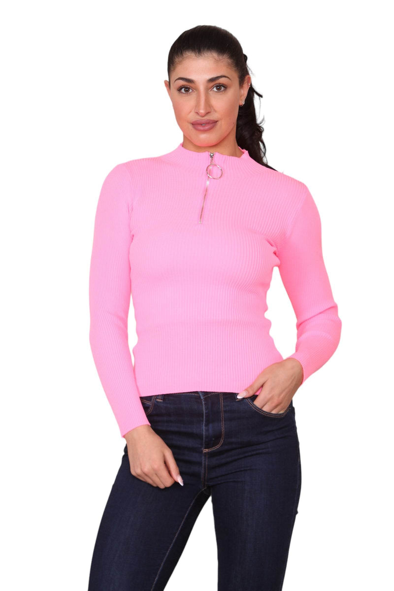 Women's Pink Ribbed Knit Half-Zip Top Elegant Lightweight Full Sleeves Warm Bodycon Slim Fit Shirt Blouse Daily Home Workout Running Streetwear Office Casual Wear - Elaina Fashion