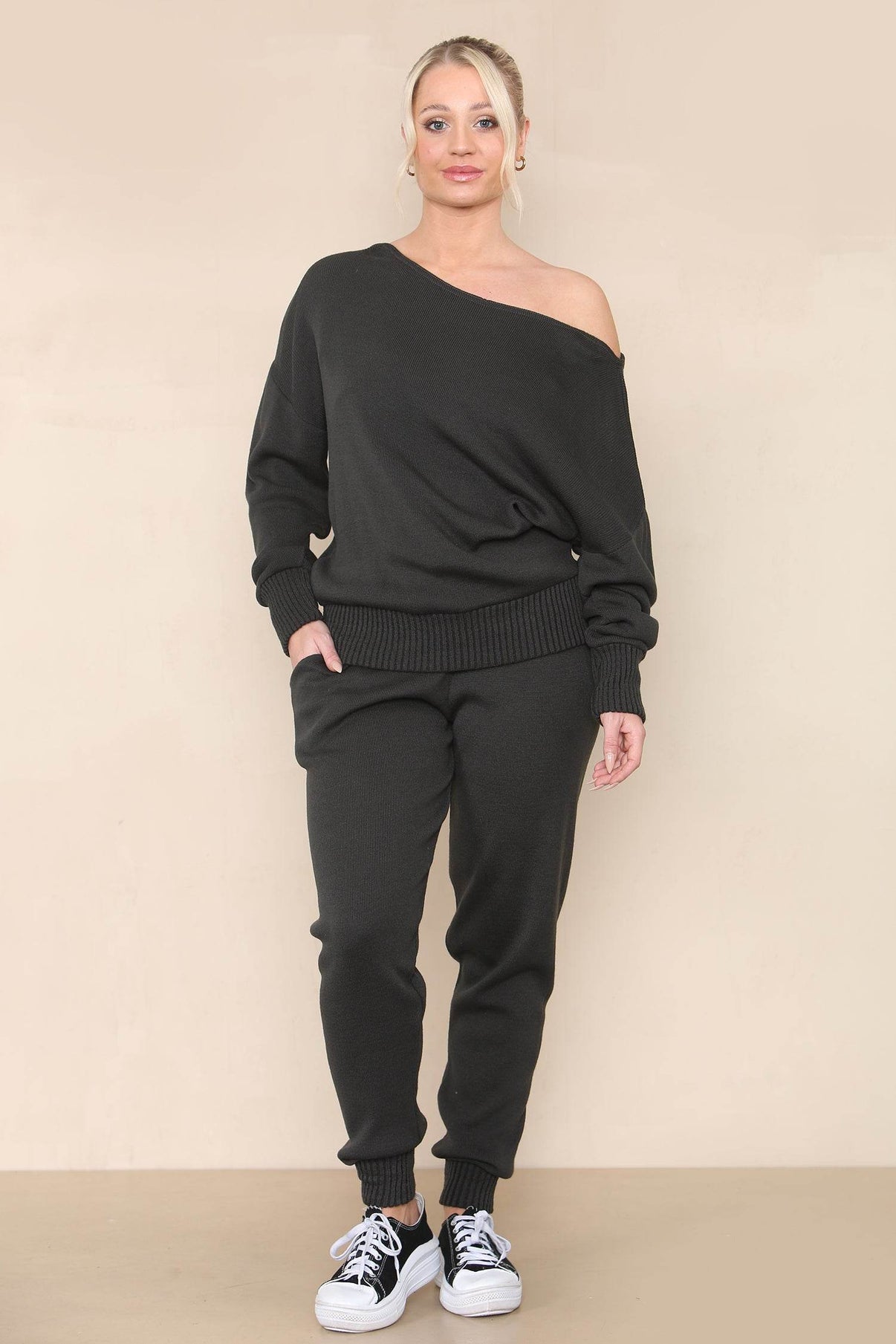 Women Charcoal Black Winter Warm Knitted Boat neck Co-Ord Solid Two Piece Loungewear Outfits Set - Long Sleeve Top and Slim Fit Legging Pants Matching Sweater Set - Elaina Fashion