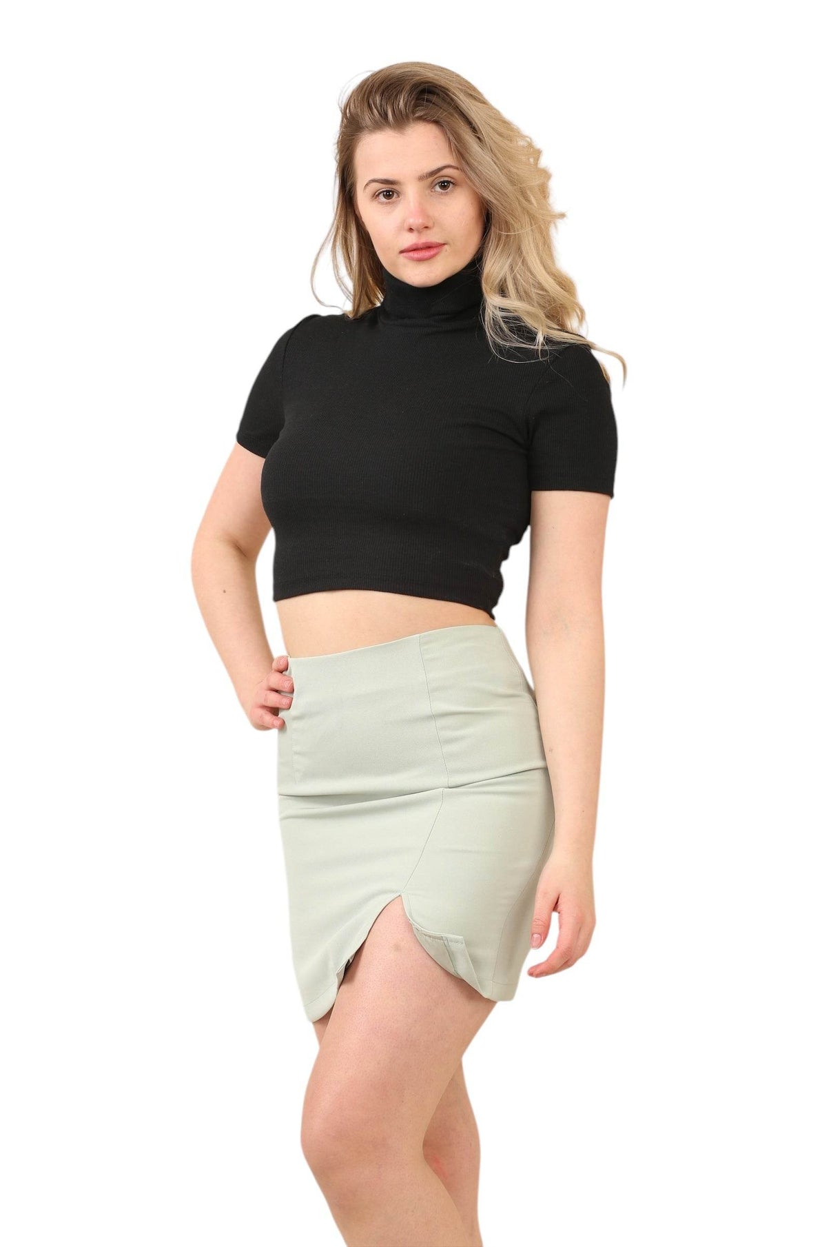 Women's Green High Waist Mini Skirt with Side Slit - Slim Fit Short Pencil Skirt - Elaina Fashion
