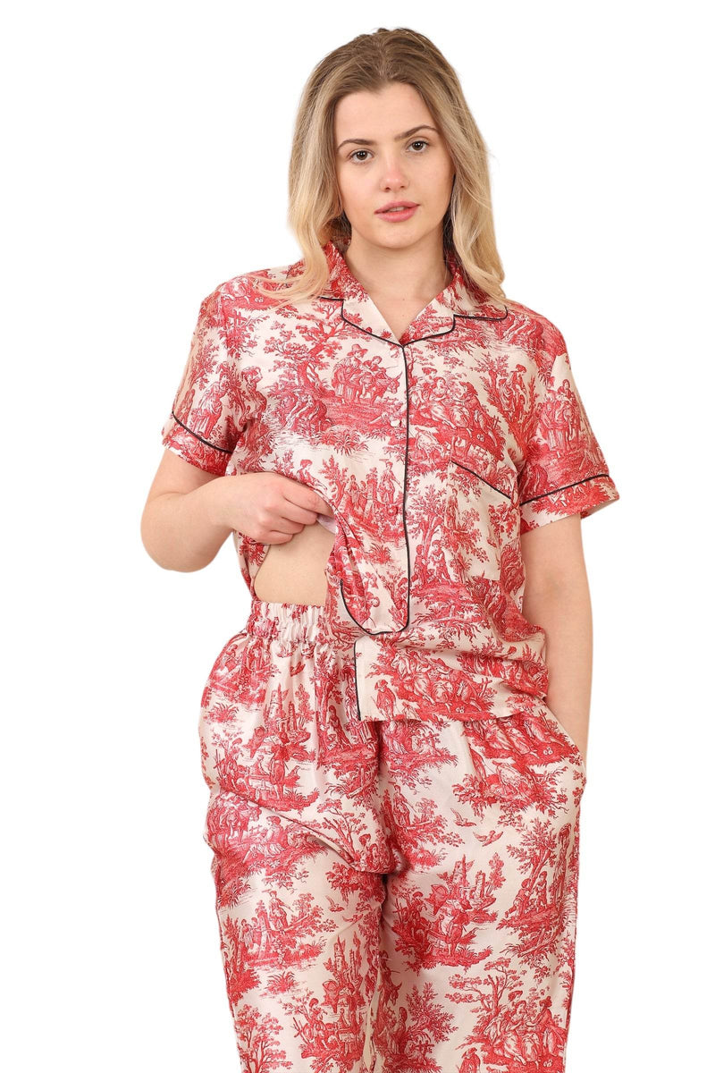 Luxury Satin Toile Print Pyjama Set – Short Sleeve, Button-Up & Pockets - Elaina Fashion