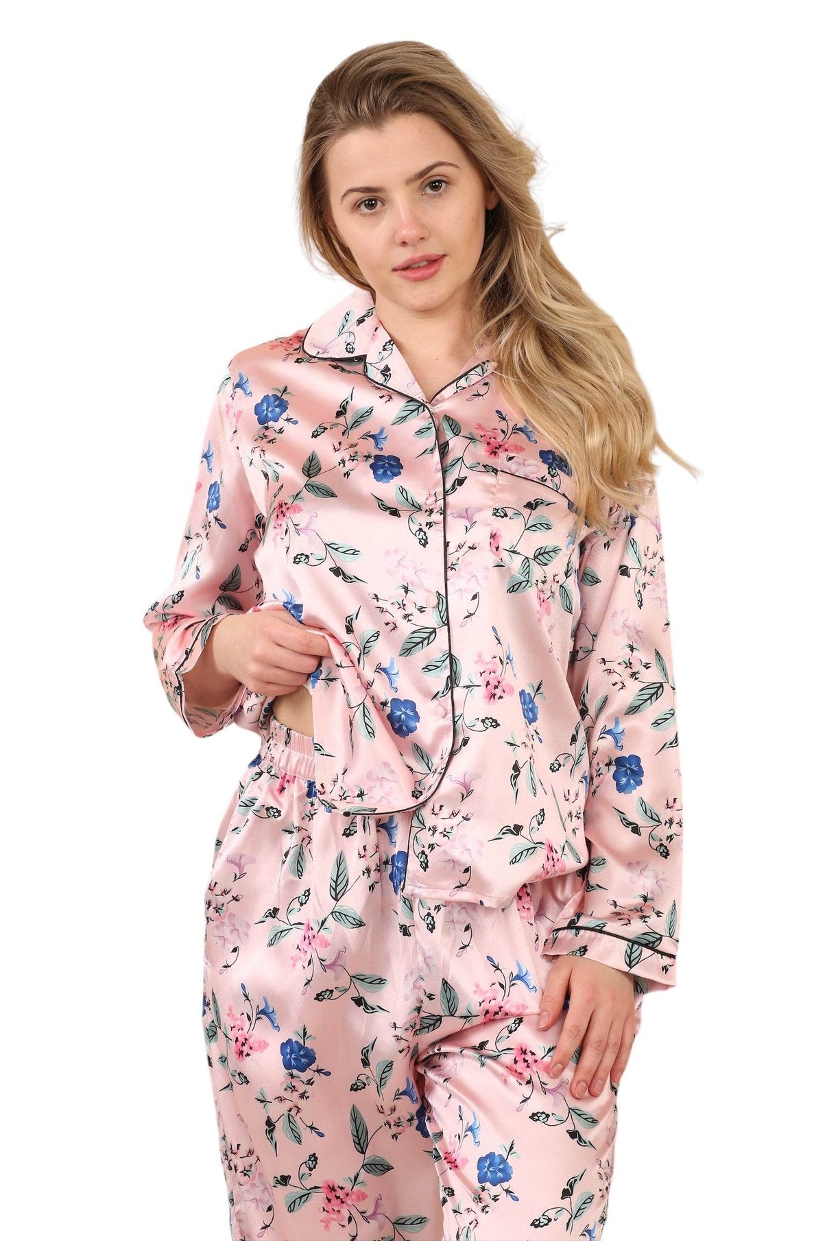 Luxury Satin Floral Pyjama Set – Long Sleeve, Button-Up & Pockets - Elaina Fashion