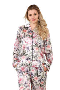 Women's Floral Satin Pajama Set with Pockets - Long Sleeve Button-Up Top and Full-Length Pants - Elaina Fashion