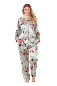 Luxury Satin Watercolour Floral Pyjama Set – Long Sleeve, Button-Up & Pockets - Elaina Fashion